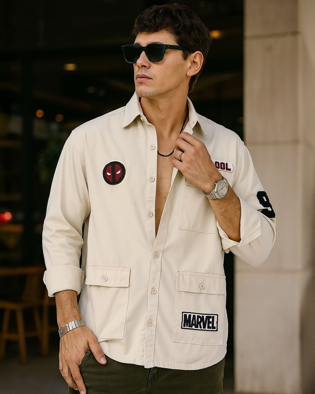 Shop Men's Beige Deadpool Batch Printed Oversized Cargo Shirt-Front