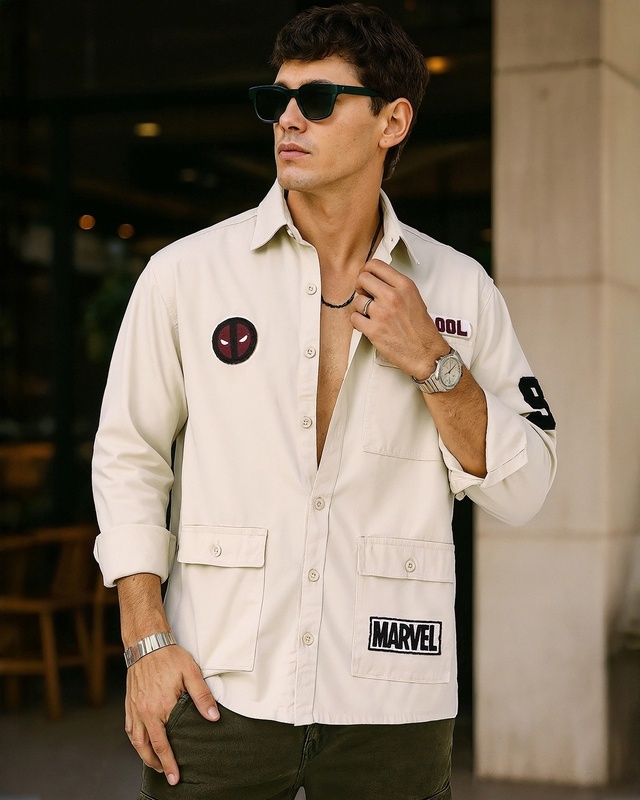 Shop Men's Beige Deadpool Batch Printed Oversized Cargo Shirt-Front