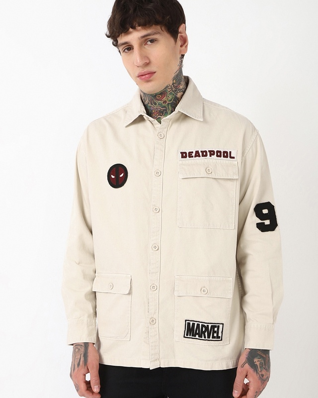 Shop Men's Beige Deadpool Batch Printed Oversized Cargo Shirt-Front