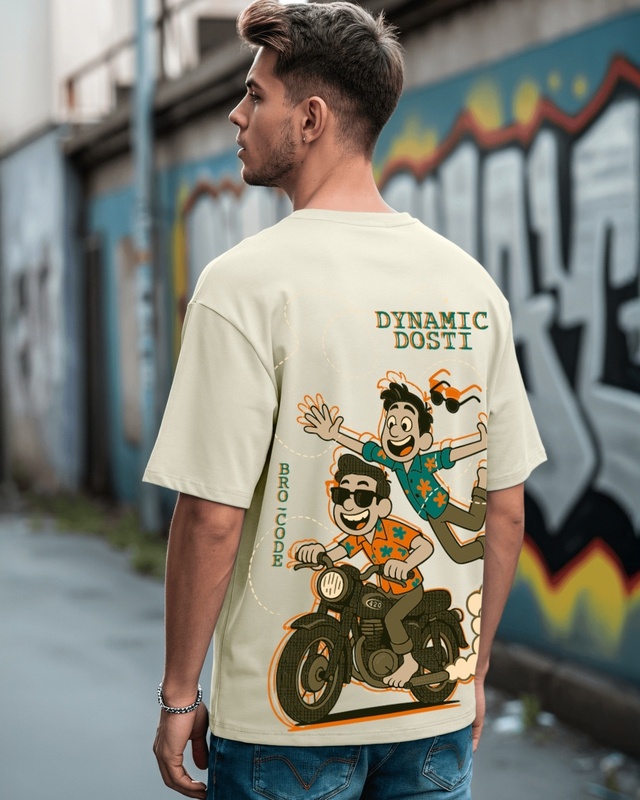 Shop Men's Beige Dynamic Dosti Graphic Printed Oversized T-shirt-Front