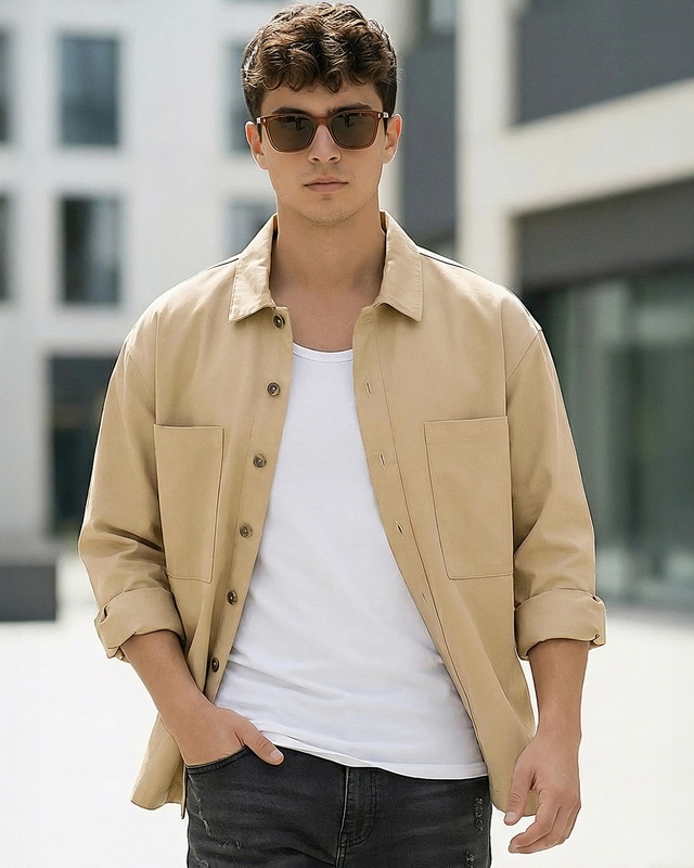 Shop Men's Beige Embroidered Oversized Twill Jacket-Front