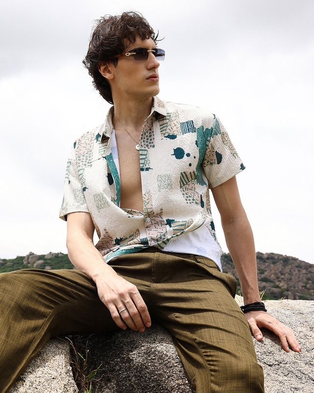 Shop Men's Beige & Forest Green Abstract Printed Shirt-Front