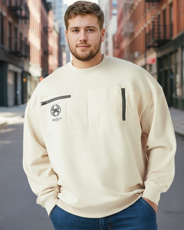 Shop Men's Beige Graphic Printed Oversized Plus Size Sweatshirt-Front