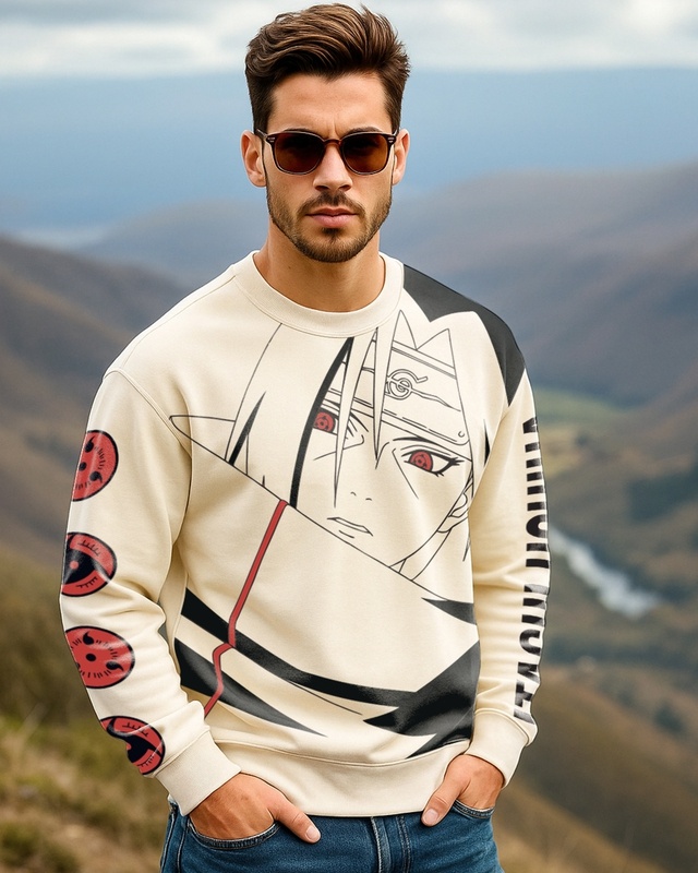 Shop Men's Beige Graphic Printed Oversized Sweatshirt-Front