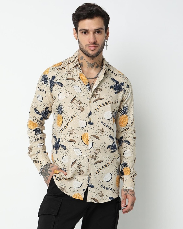 Shop Men's Beige Hawaii Island Life Printed Shirt-Front
