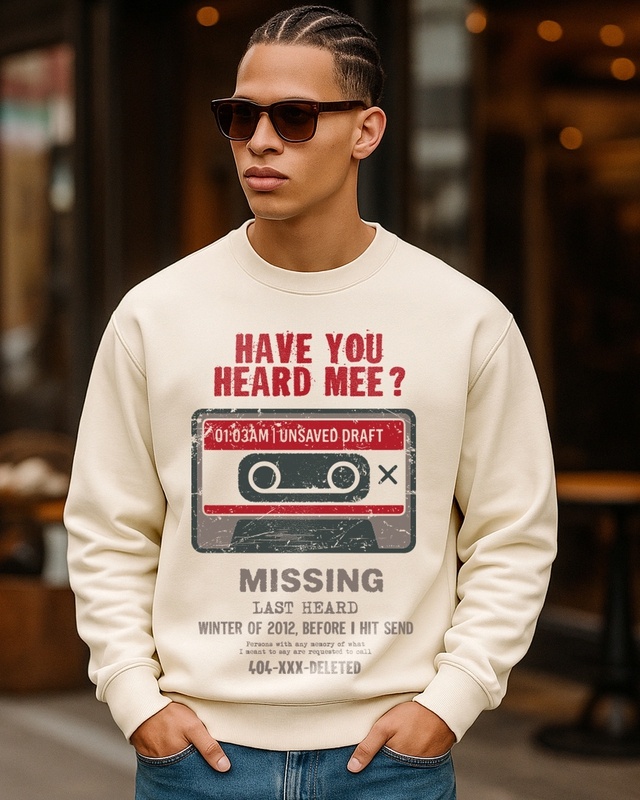 Shop Men's Beige Heard Mee Graphic Printed Oversized Sweatshirt-Front