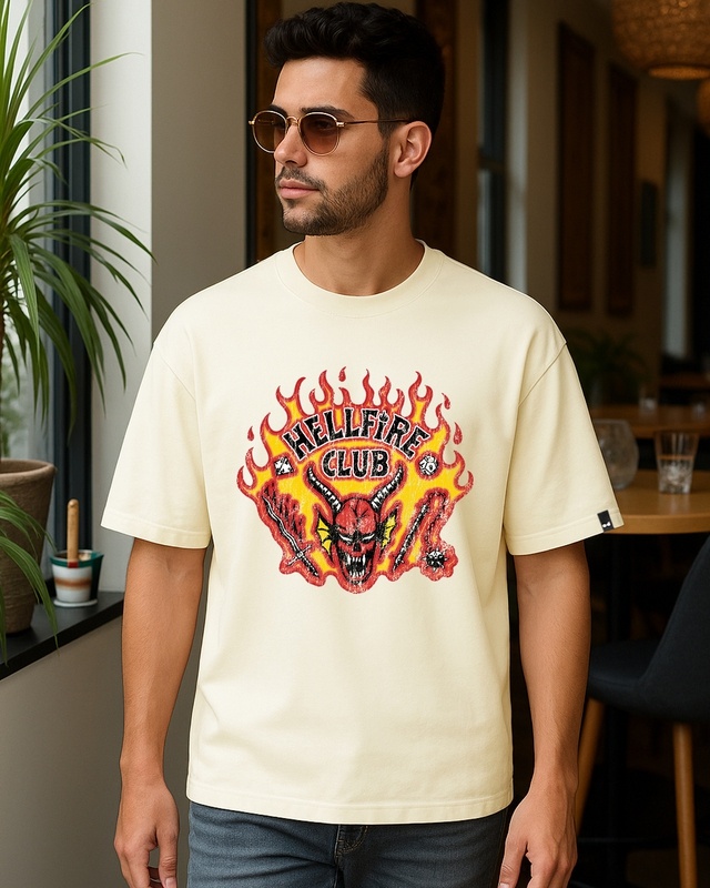 Shop Men's Beige Hellfire Club Graphic Printed Oversized T-shirt-Front
