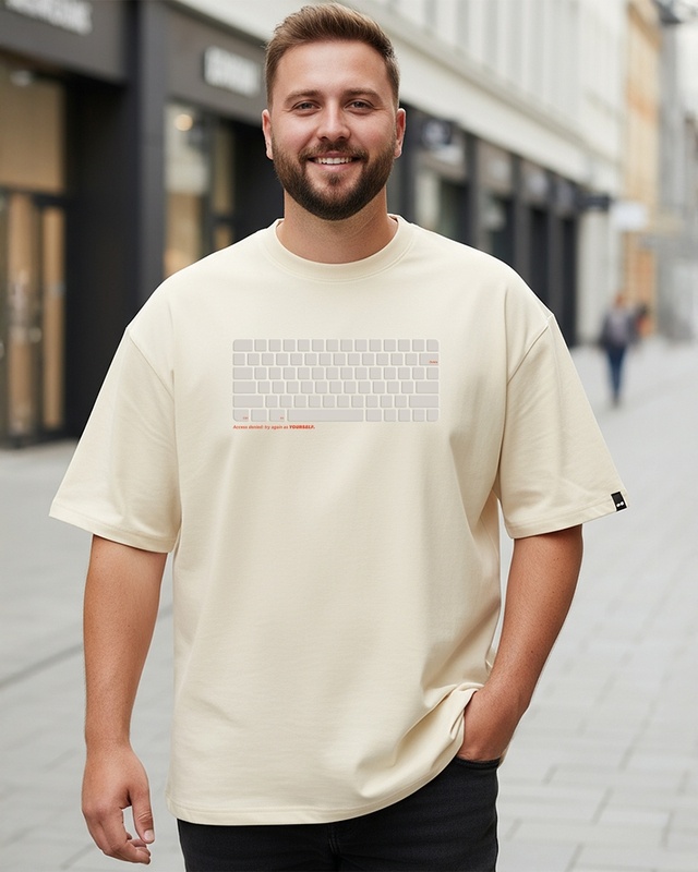 Men's Beige Keyboard Graphic Printed Oversized Plus Size T-shirt-Front Bewakoof Shop Men's Beige Keyboard Graphic Printed Oversized Plus Size T-shirt-Front