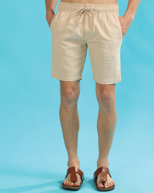 Shop Men's Beige Linen Shorts-Front