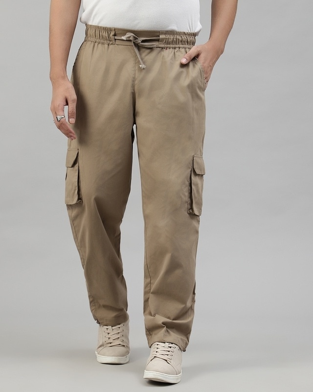 Shop Men's Beige Loose Comfort Fit Cargo Parachute Pants-Front