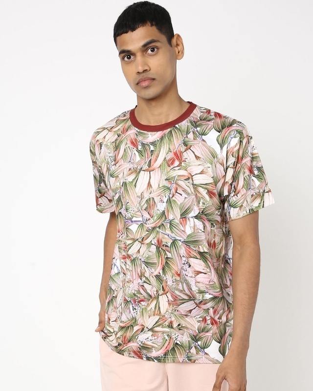 Shop Men's Beige & Maroon All Over Floral Printed T-shirt-Front
