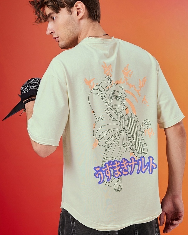 Shop Men's Beige Naruto Uzumaki Graphic Printed Oversized T-shirt-Front