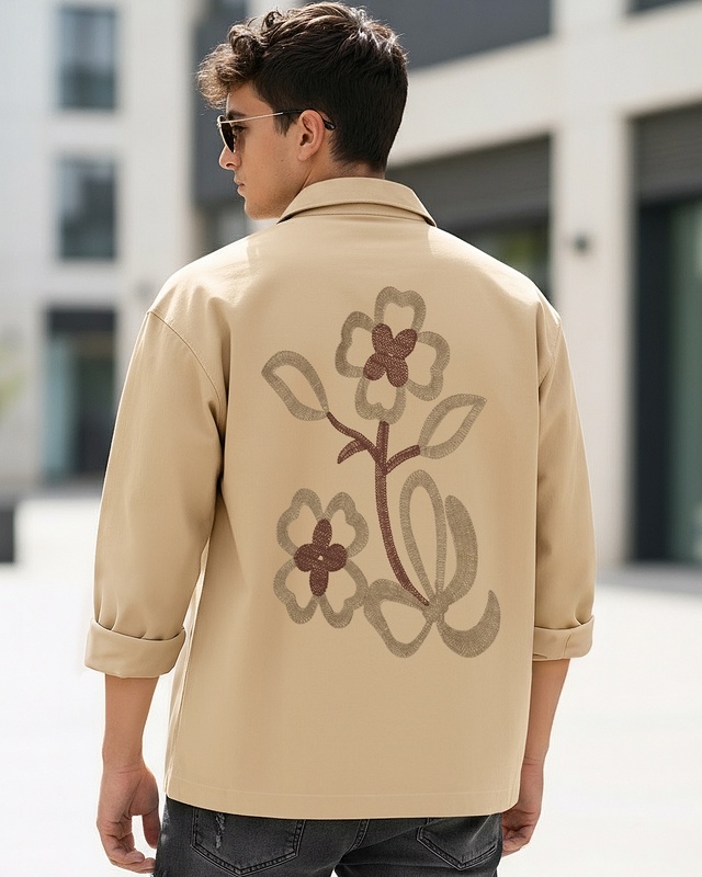 Shop Men's Beige Embroidered Oversized Twill Jacket-Front