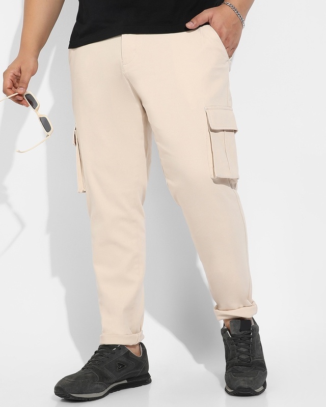 Shop Men's Beige Oversized Plus Size Cargo Trousers-Front