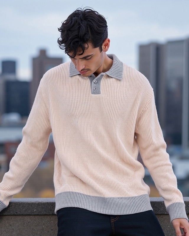 Shop Men's Beige Oversized Textured Sweater-Front