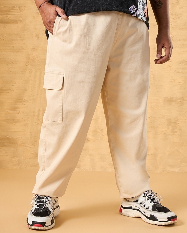 Shop Men's Beige Plus Size Cargo Carpenter Pants-Front