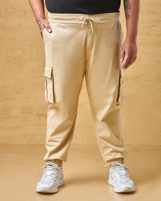 Shop Men's Beige Oversized Plus Size Cargo Jogger Pants-Front