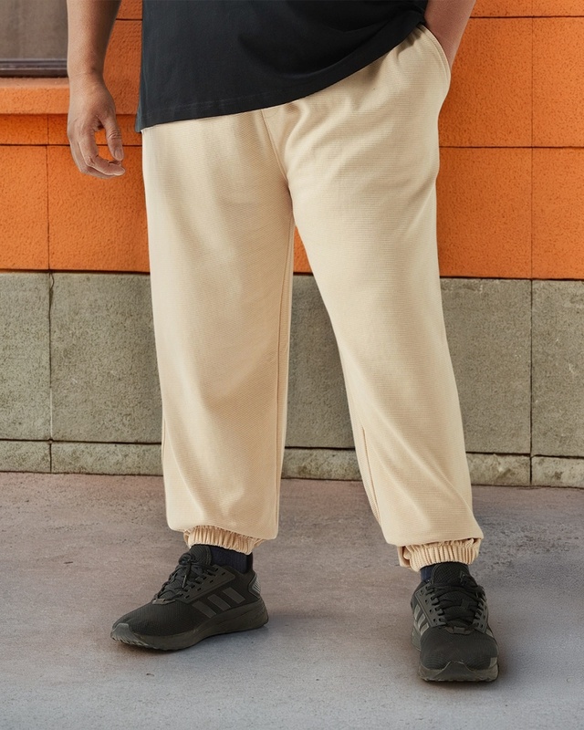 Shop Men's Beige Plus Size Textured Joggers-Front