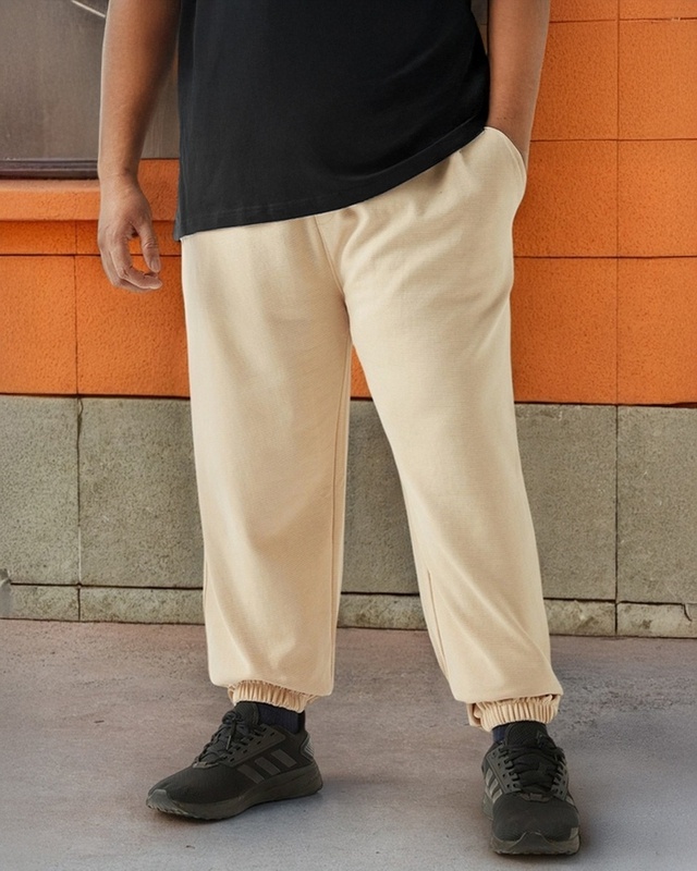 Shop Men's Beige Plus Size Textured Joggers-Front