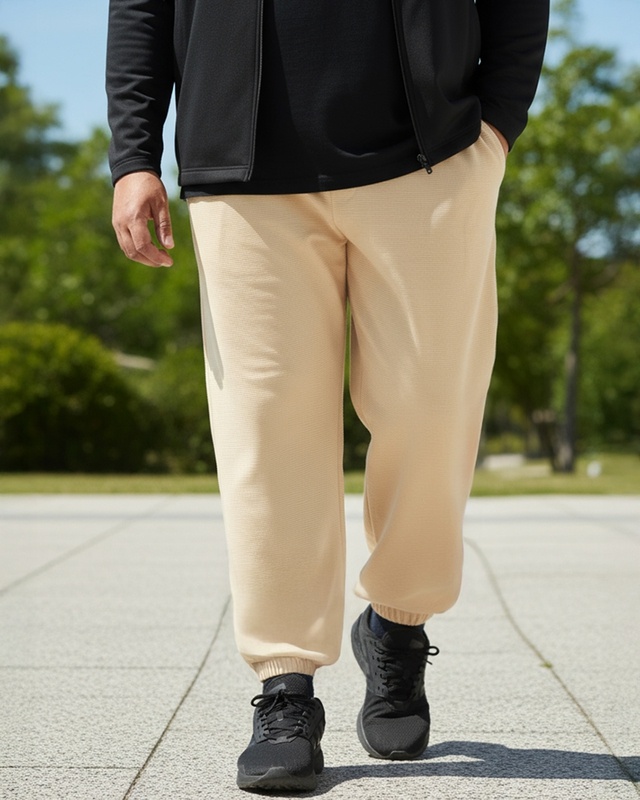 Shop Men's Beige Plus Size Textured Joggers-Front