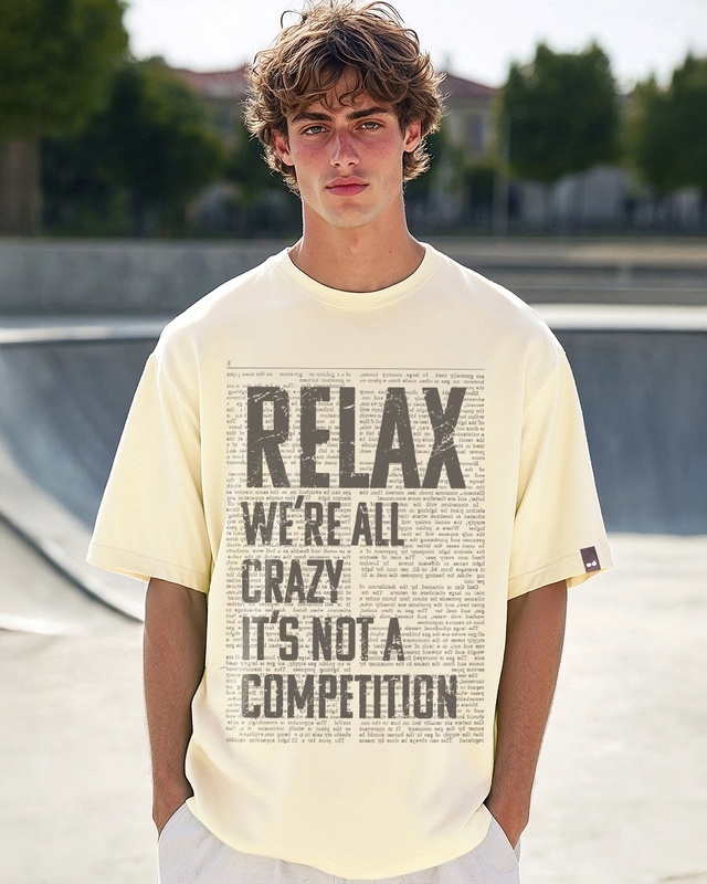 Shop Men's Beige Relax Typography Oversized T-shirt-Front