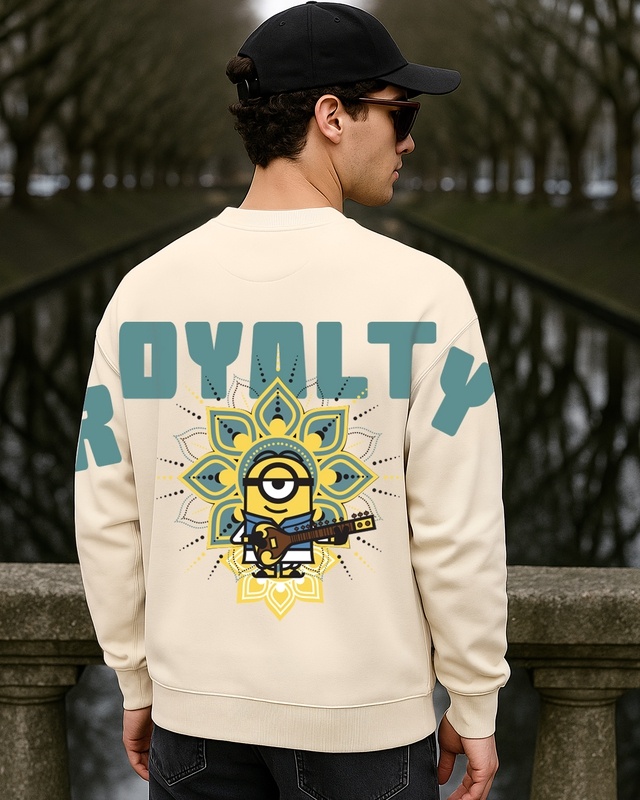Shop Men's Beige Royalty Graphic Printed Oversized Sweatshirt-Front