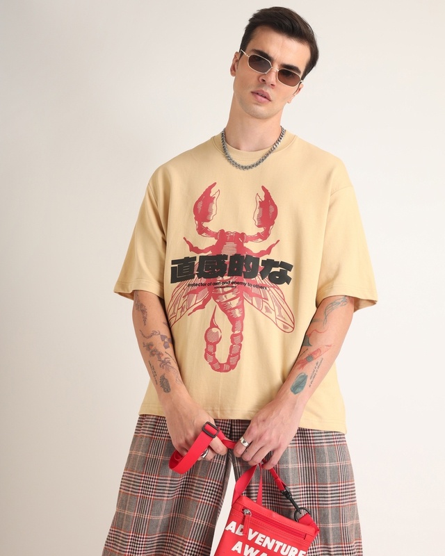 Shop Men's Beige Scorpion Puff Printed Oversized T-shirt-Front