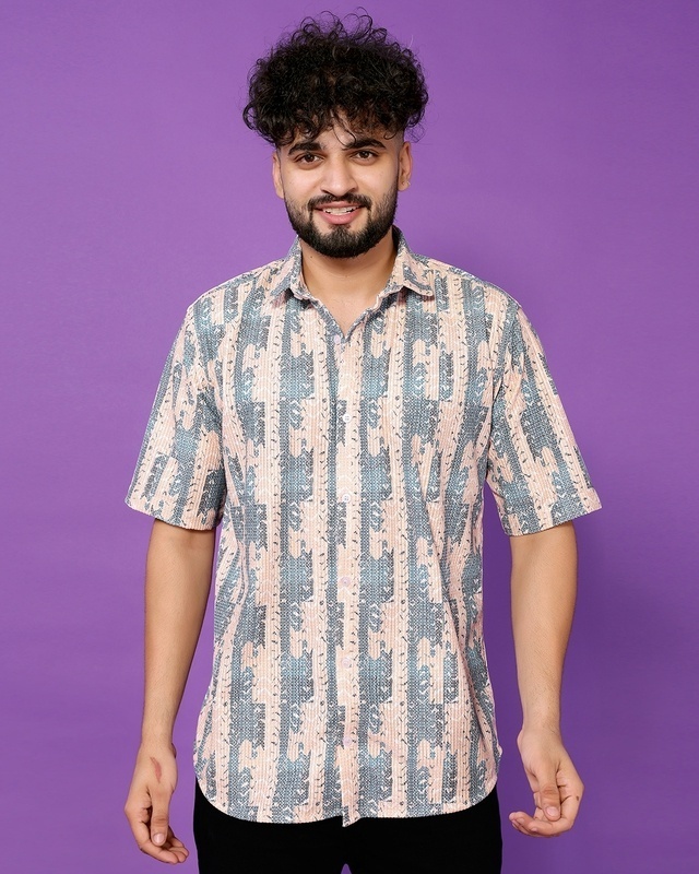 Shop Men's Beige & Sea Green Corduroy All Over Printed Relaxed Fit Shirt-Front