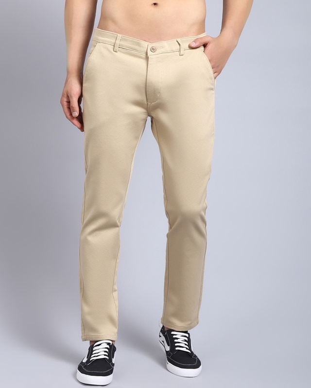 Shop Men's Beige Self Designed Slim Fit Trousers-Front