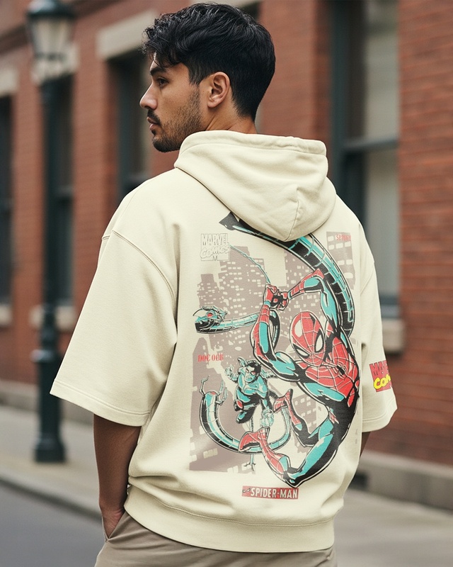 Shop Men's Beige Spidey Graphic Printed Oversized Hoodie T-shirt-Front