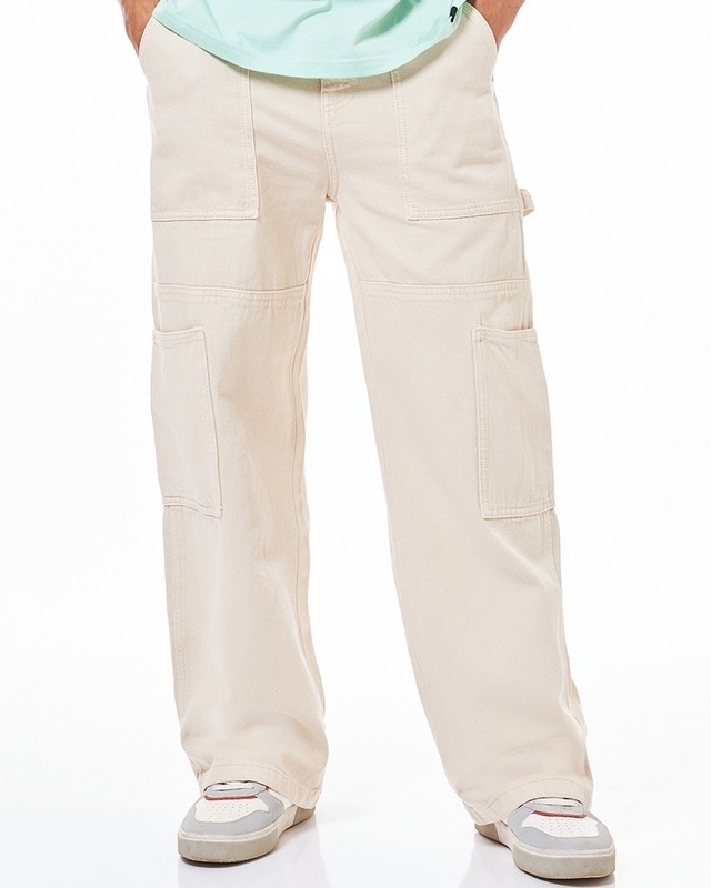 Shop Men's Beige Straight Fit Cargo Carpenter Jeans-Front