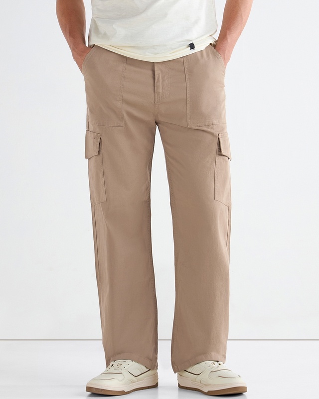 Shop Men's Beige Straight Fit Cargo Pants-Front