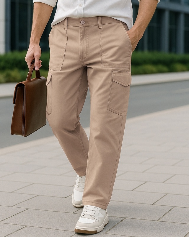 Shop Men's Beige Straight Fit Cargo Pants-Front