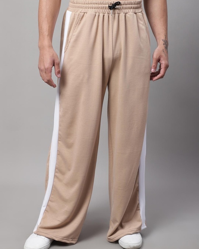 Shop Men's Beige Striped Relaxed Fit Trackpants-Front