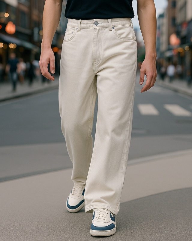 Shop Men's Beige Super Baggy Fit Mid-Rise Jeans-Front