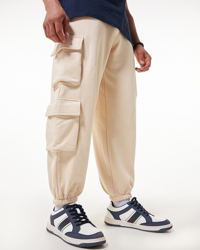 Shop Men's Beige Super Loose Fit Cargo Joggers-Front