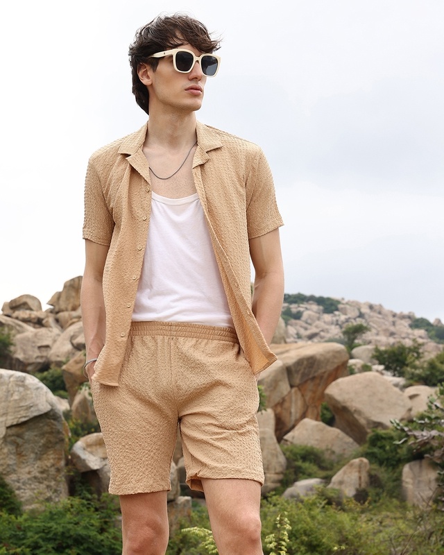 Men's Buff Beige Textured Co-ordinates