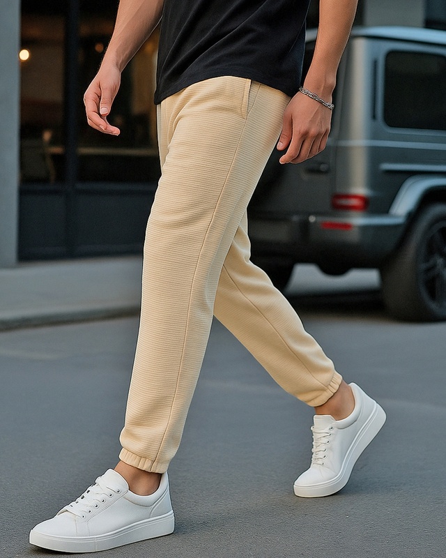 Shop Men's Beige Textured Joggers-Front