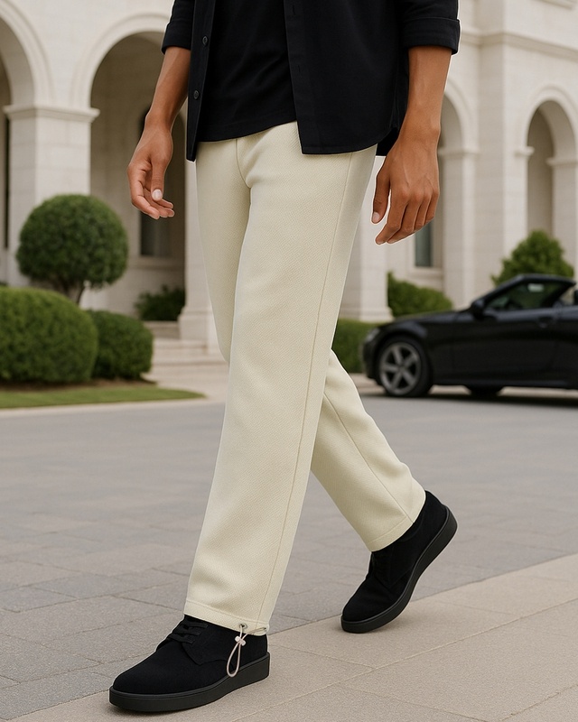 Shop Men's Beige Textured Oversized Parachute Pants-Front