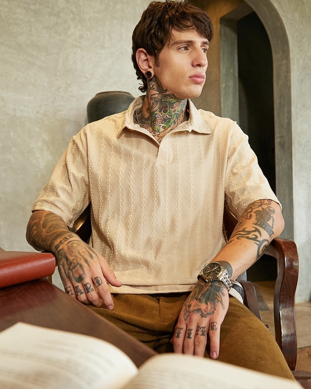 Shop Men's Beige Textured Oversized Polo T-shirt-Front