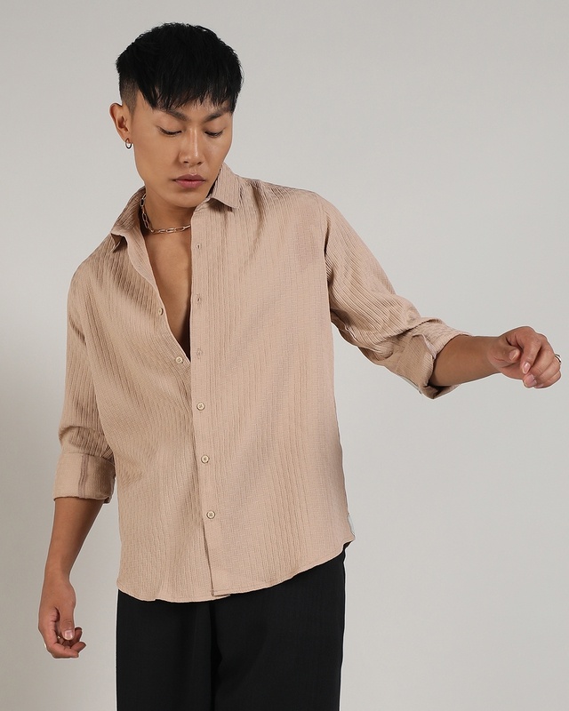 Shop Men's Beige Textured Relaxed Fit Shirt-Front