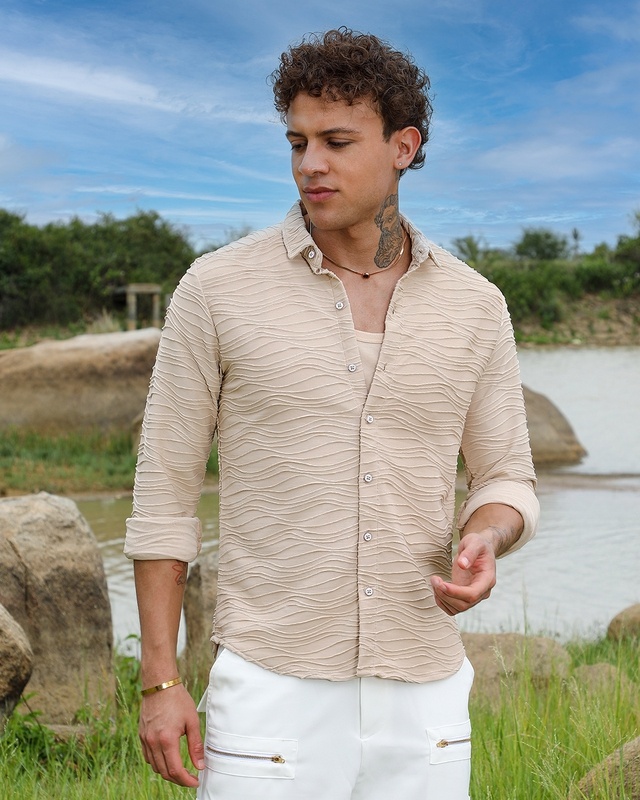 Shop Men's Beige Textured Shirt-Front