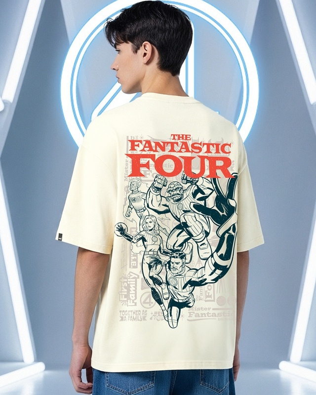 Shop Men's Beige The Four Graphic Printed Oversized T-shirt-Front