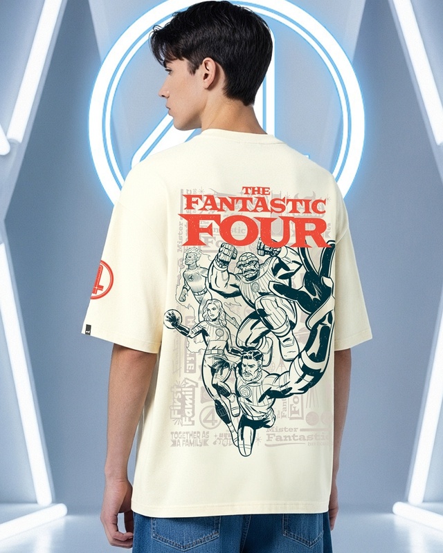 Shop Men's Beige The Four Graphic Printed Oversized T-shirt-Front