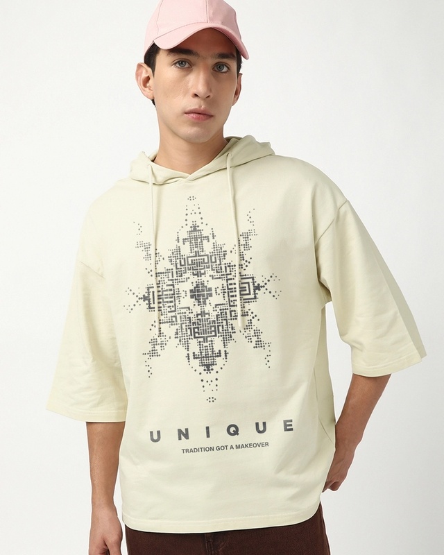 Men's Beige Unique Graphic Printed Oversized Hoodie T-shirt-Front Bewakoof Shop Men's Beige Unique Graphic Printed Oversized Hoodie T-shirt-Front