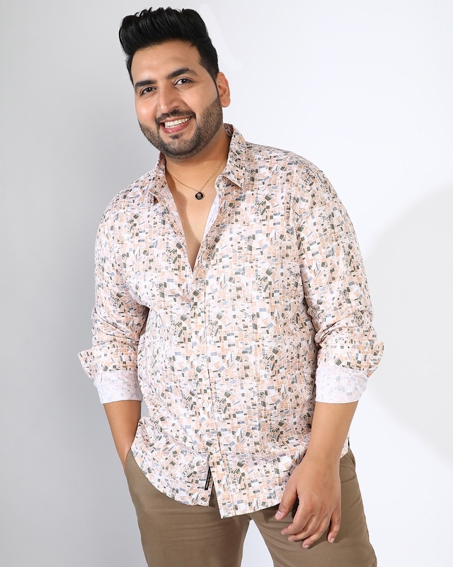 Men's Beige & White Abstract Printed Oversized Plus Size Shirt