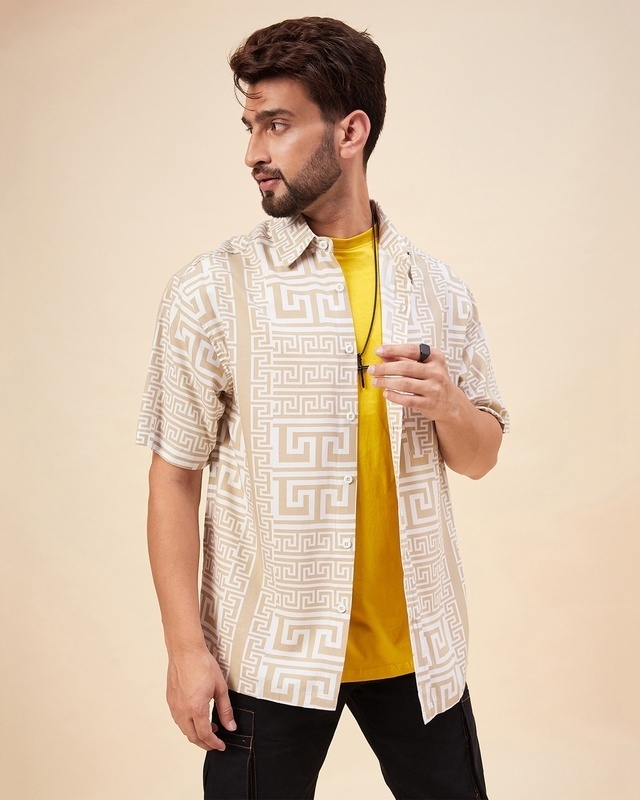 Shop Men's Beige & White All Over Printed Oversized Shirt-Front