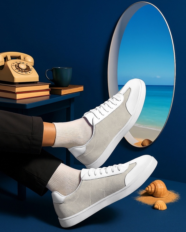 Shop Men's Beige & White Color Block Low-Top Sneakers-Front