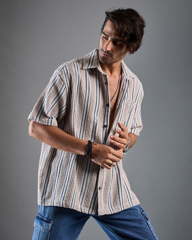 Shop Men's Beige & White Striped Oversized Shirt-Front
