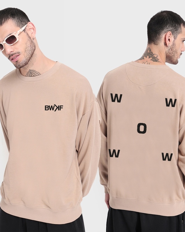 Shop Men's Beige WOW Typography Oversized Sweatshirt-Front